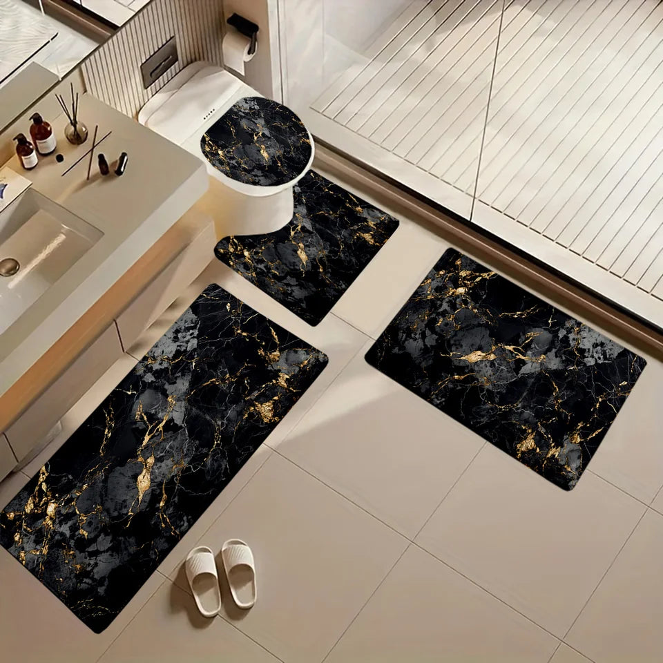 4 Piece Luxury Marble Bathroom Mat Set - Non-Slip Flannel Toilet Seat + 3 Floor Mats, Black Gold Modern Decor