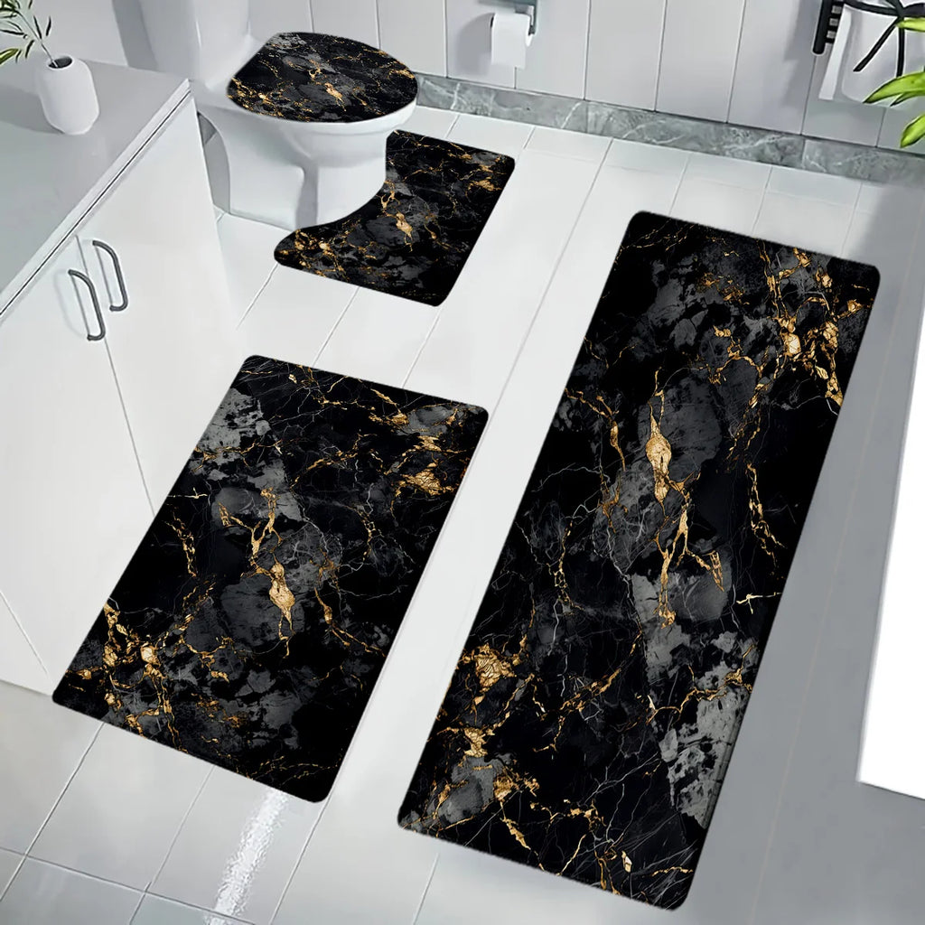 4 Piece Luxury Marble Bathroom Mat Set - Non-Slip Flannel Toilet Seat + 3 Floor Mats, Black Gold Modern Decor