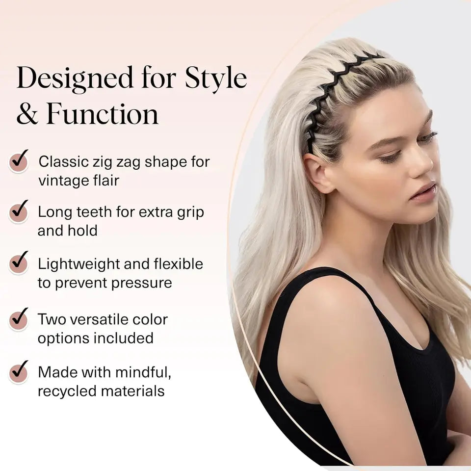 2026 S/S Kitsch Zig Zag 2-Pack Non-Slip Wave Design Headbands - Eco-Friendly Recycled Plastic Hair Accessories