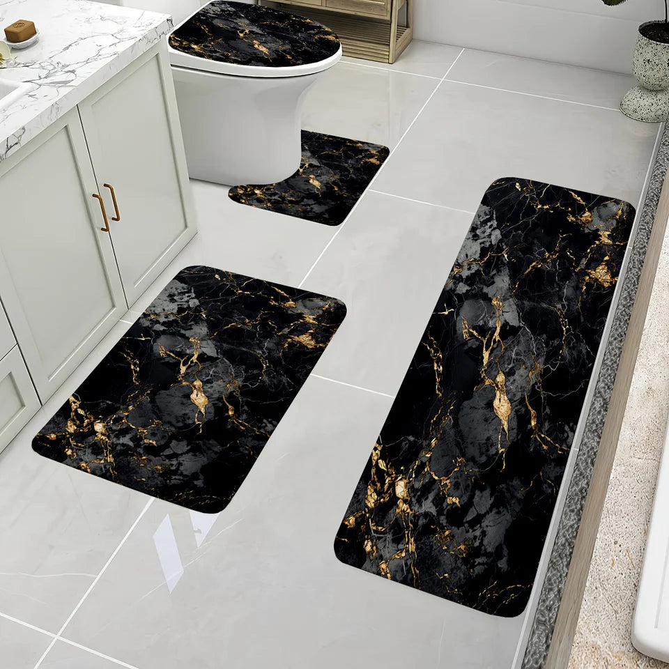 4 Piece Luxury Marble Bathroom Mat Set - Non-Slip Flannel Toilet Seat + 3 Floor Mats, Black Gold Modern Decor
