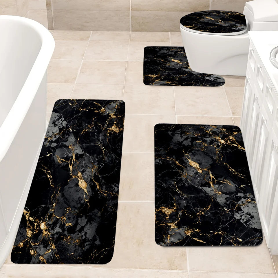 4 Piece Luxury Marble Bathroom Mat Set - Non-Slip Flannel Toilet Seat + 3 Floor Mats, Black Gold Modern Decor