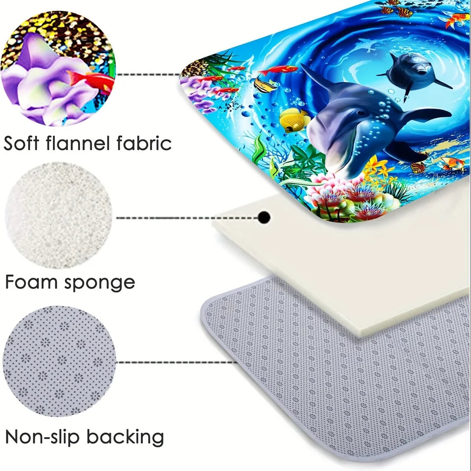 4 Piece Luxury Marble Bathroom Mat Set - Non-Slip Flannel Toilet Seat + 3 Floor Mats, Black Gold Modern Decor