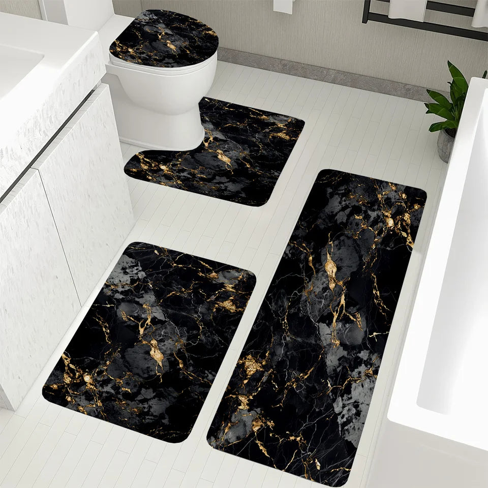 4 Piece Luxury Marble Bathroom Mat Set - Non-Slip Flannel Toilet Seat + 3 Floor Mats, Black Gold Modern Decor