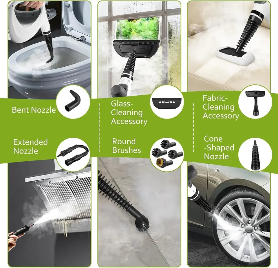 Pressurized Handheld Multi-Surface Natural Steam Cleaner with 12 pcs Accessories, Multi-Purpose Steamer for Home Use, Steamer for Cleaning Floor, Upholstery, Grout and Car (Grey)